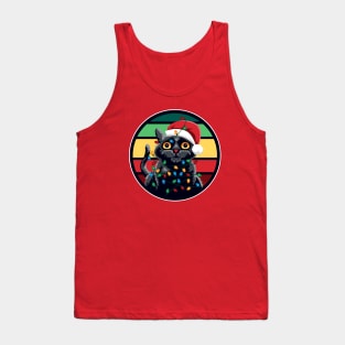 Cute Black Cat Tangled in Christmas Lights - Retro Style T-Shirt Tank Top